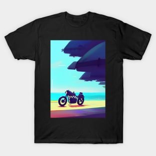 COOL RETRO MOTORCYCLE ON THE BEACH  BLUE TINGED T-Shirt